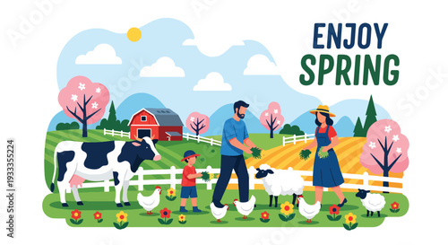 Modern vector illustration of family visiting countryside farm during spring holiday and feeding animals. Educational travel and outdoor bonding concept for parents and children lifestyle scene