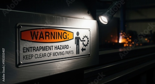 Industrial Warning Sign Displaying Entrapment Hazard With Moving Parts Close-Up