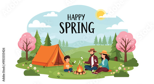 Modern vector illustration of family camping in forest during spring holiday with tent and campfire. Outdoor adventure lifestyle concept with parents and kids enjoying nature vacation together