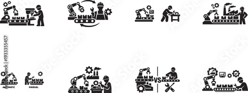 Flat black icons of automatic and manual production machinery business pictogram set.