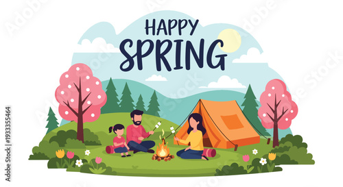 Modern vector illustration of family camping in forest during spring holiday with tent and campfire. Outdoor adventure lifestyle concept with parents and kids enjoying nature vacation together