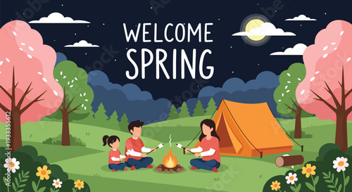 Modern vector illustration of family camping in forest during spring holiday with tent and campfire. Outdoor adventure lifestyle concept with parents and kids enjoying nature vacation together