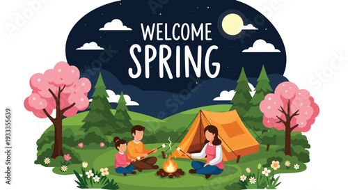 Modern vector illustration of family camping in forest during spring holiday with tent and campfire. Outdoor adventure lifestyle concept with parents and kids enjoying nature vacation together