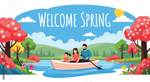 Modern vector illustration of family enjoying boat ride on calm lake during spring holiday. Peaceful outdoor travel and leisure lifestyle concept with parents and children exploring nature together