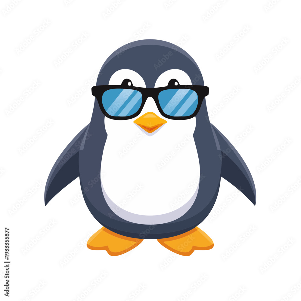 Obraz premium Cool penguin wearing sunglasses ready for summer fun. The penguin has a black and white body with orange feet