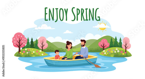Modern vector illustration of family enjoying boat ride on calm lake during spring holiday. Peaceful outdoor travel and leisure lifestyle concept with parents and children exploring nature together