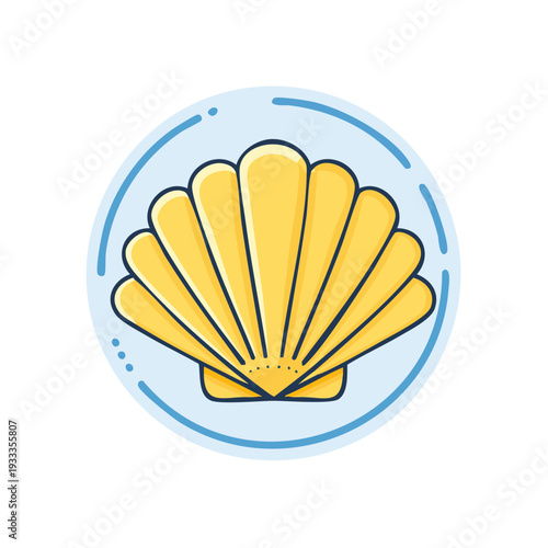 A detailed illustration of a vibrant seashell displayed in a circular frame, showcasing artistic flair and minimalist design