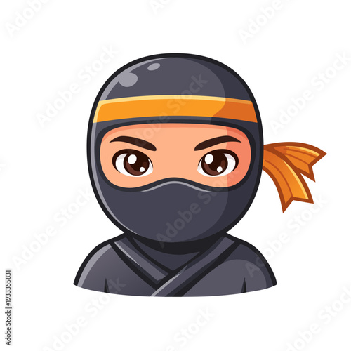 An illustration of a ninja. This illustration features a ninja with a serious expression, wearing a black outfit and a head covering with a brown band.