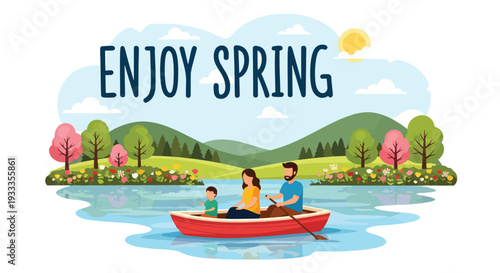 Modern vector illustration of family enjoying boat ride on calm lake during spring holiday. Peaceful outdoor travel and leisure lifestyle concept with parents and children exploring nature together