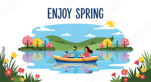 Modern vector illustration of family enjoying boat ride on calm lake during spring holiday. Peaceful outdoor travel and leisure lifestyle concept with parents and children exploring nature together