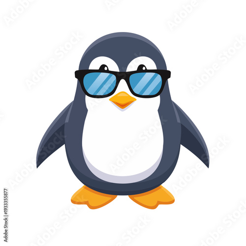 Cool penguin wearing sunglasses ready for summer fun. The penguin has a black and white body with orange feet