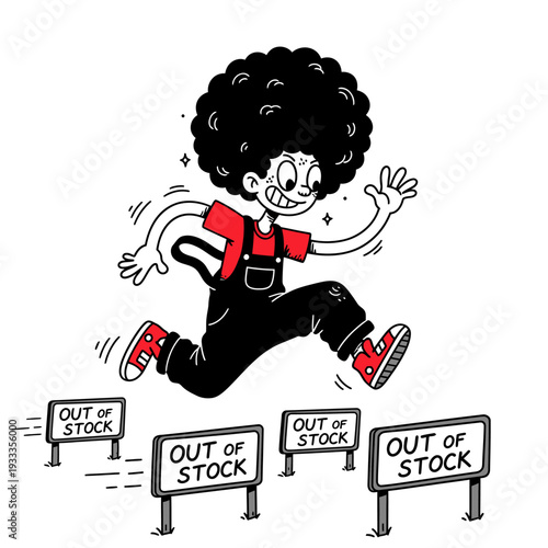 Cartoon Character Jumping Over Out of Stock Signs.