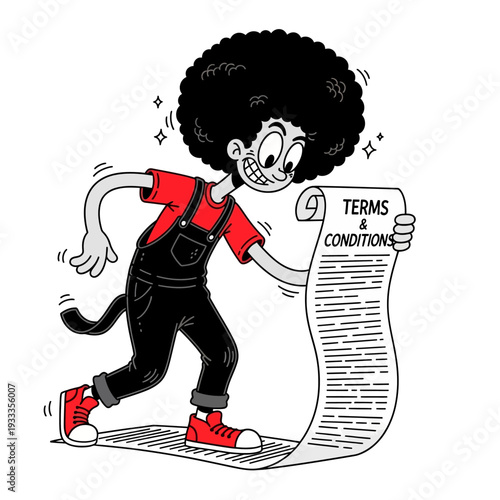 Cartoon Character Holding Terms and Conditions.