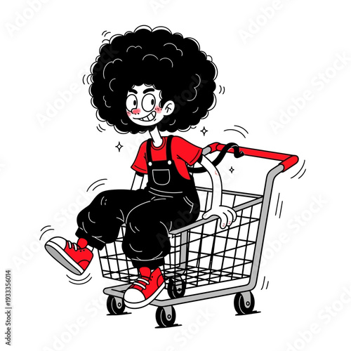 Cartoon Girl Riding Shopping Cart.
