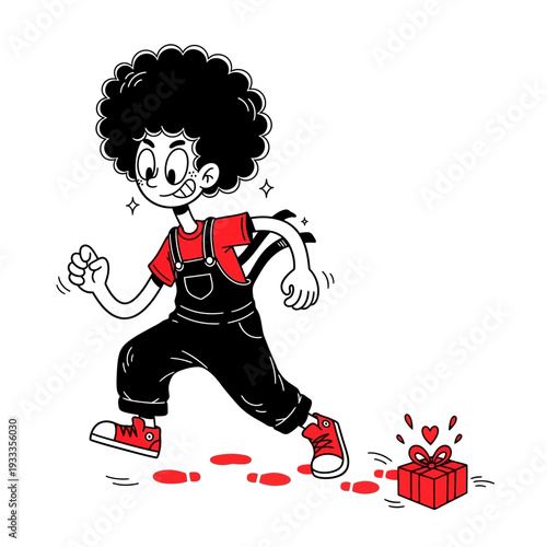 Cartoon boy with gift box and footsteps.