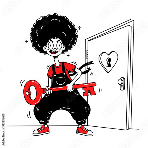 Cartoon Character Holding Large Red Key.