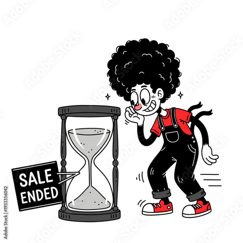 Cartoon Character with Hourglass and Sale Sign.