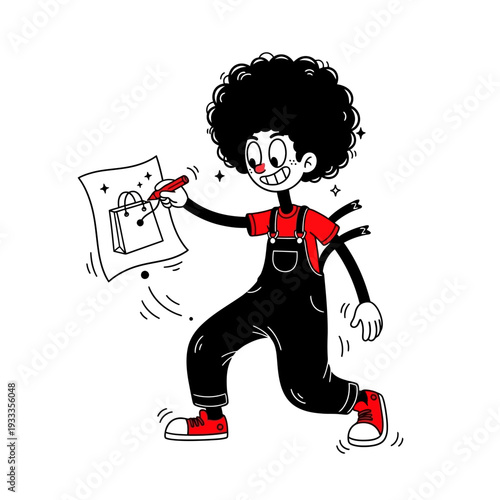 Cartoon Character Holding Shopping Bag Icon.