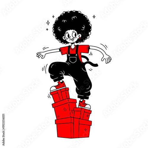 Cartoon Character Climbing Red Boxes with Afro.