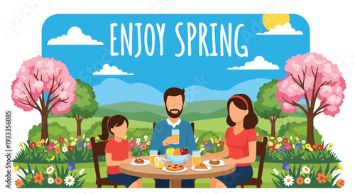 Modern vector illustration of family enjoying outdoor brunch in spring garden with flowers and sunlight. Seasonal holiday lifestyle concept of parents and children dining together in nature