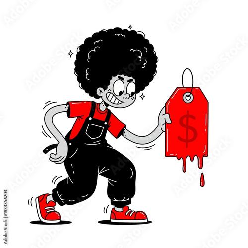 Cartoon Boy Holding Red Price Tag.