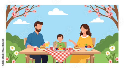 Modern vector illustration of family enjoying outdoor brunch in spring garden with flowers and sunlight. Seasonal holiday lifestyle concept of parents and children dining together in nature