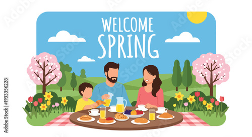 Modern vector illustration of family enjoying outdoor brunch in spring garden with flowers and sunlight. Seasonal holiday lifestyle concept of parents and children dining together in nature