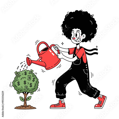 Cartoon Gardener Watering Money Tree Illustration.