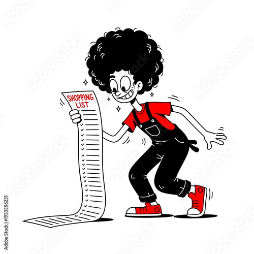 Cartoon Character Holding Long Shopping List.