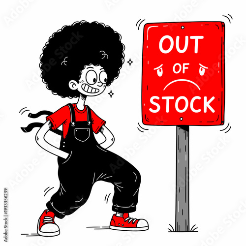 Cartoon Character Running Past Out of Stock Sign.