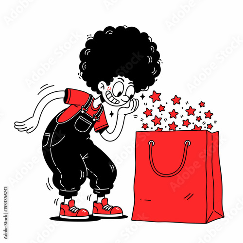 Cartoon Character with Shopping Bag Stars.
