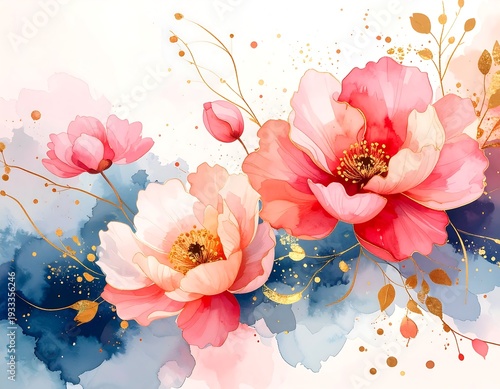 Watercolor floral arrangement with pink and gold accents, blue background
