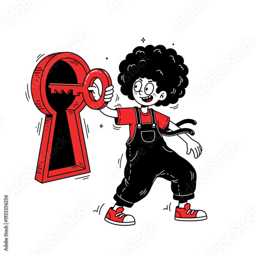 Cartoon Child Holding Large Red Key.