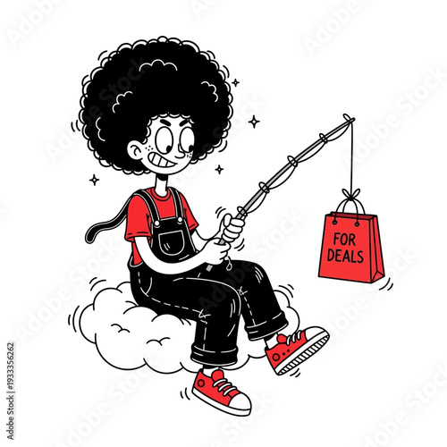Cartoon Character Fishing for Deals with Bag.