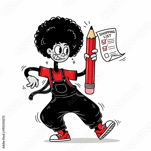 Cartoon Character Holding Large Pencil and List.
