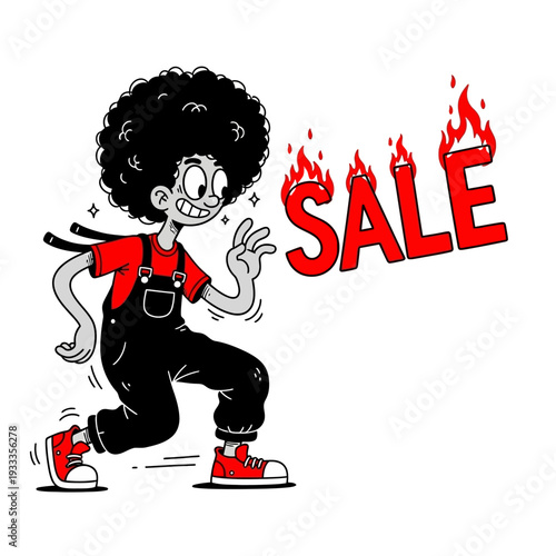 Cartoon Character Running with Sale Sign.