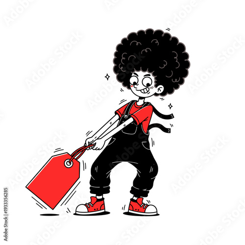 Cartoon Character with Luggage and Afro Hair.