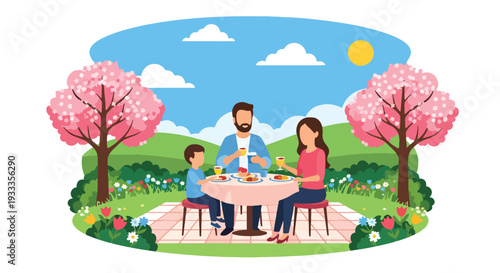Modern vector illustration of family enjoying outdoor brunch in spring garden with flowers and sunlight. Seasonal holiday lifestyle concept of parents and children dining together in nature