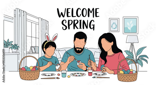 Modern vector illustration of family painting Easter eggs together at home table during spring holiday. Seasonal creative bonding activity and parenting lifestyle concept with festive decorations