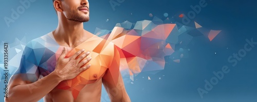 Man with hand on heart, abstract geometric shapes radiating from chest in vibrant colors