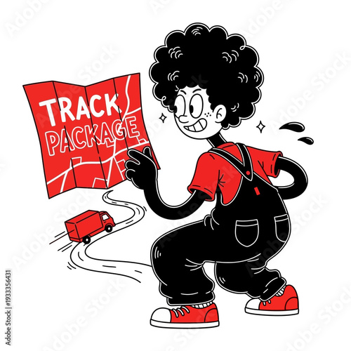Cartoon Delivery Person Tracking Package with Map.