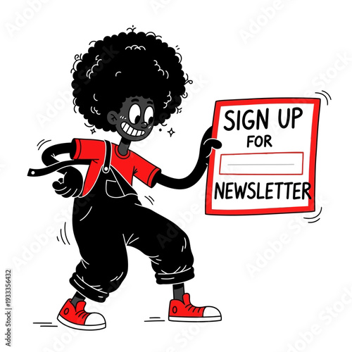 Cartoon Character Holding Newsletter Sign.