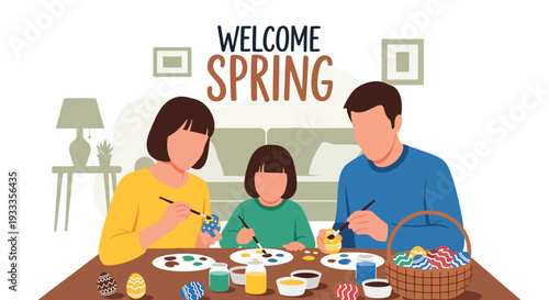 Modern vector illustration of family painting Easter eggs together at home table during spring holiday. Seasonal creative bonding activity and parenting lifestyle concept with festive decorations