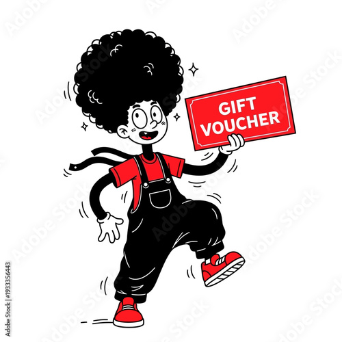 Cartoon Character Holding Gift Voucher Excitedly.