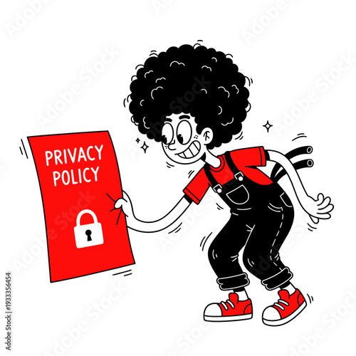 Cartoon Character Holding Privacy Policy Document.