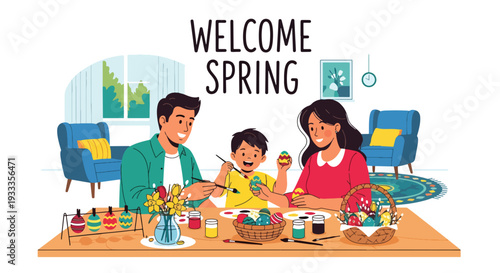 Modern vector illustration of family painting Easter eggs together at home table during spring holiday. Seasonal creative bonding activity and parenting lifestyle concept with festive decorations