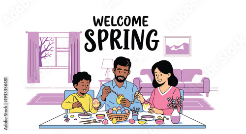 Modern vector illustration of family painting Easter eggs together at home table during spring holiday. Seasonal creative bonding activity and parenting lifestyle concept with festive decorations