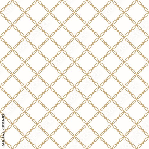 Luxurious golden geometric lattice seamless pattern. Gold and white vector ornamental background with curved lines, floral silhouettes, square grid, mesh. Texture in oriental style. Repeated design