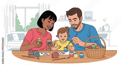 Modern vector illustration of family painting Easter eggs together at home table during spring holiday. Seasonal creative bonding activity and parenting lifestyle concept with festive decorations