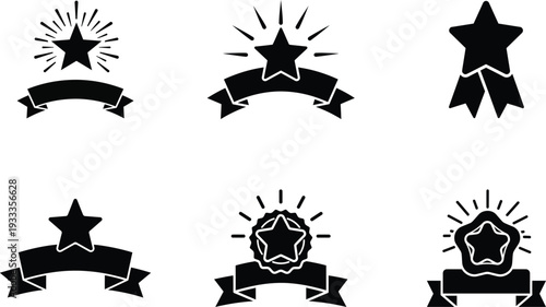Premium Star Award Vector Icons with Ribbon and Sparkling Rays